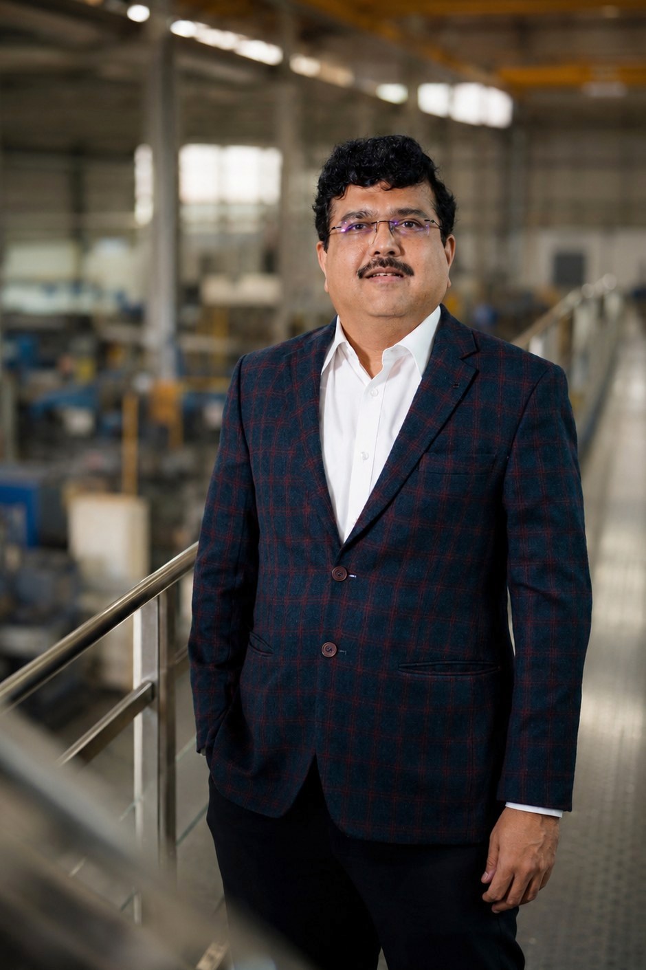 Anand Kelkar, Director of Finance, Purchase and Projects, in a dark checked blazer on a walkway above the plant floor
