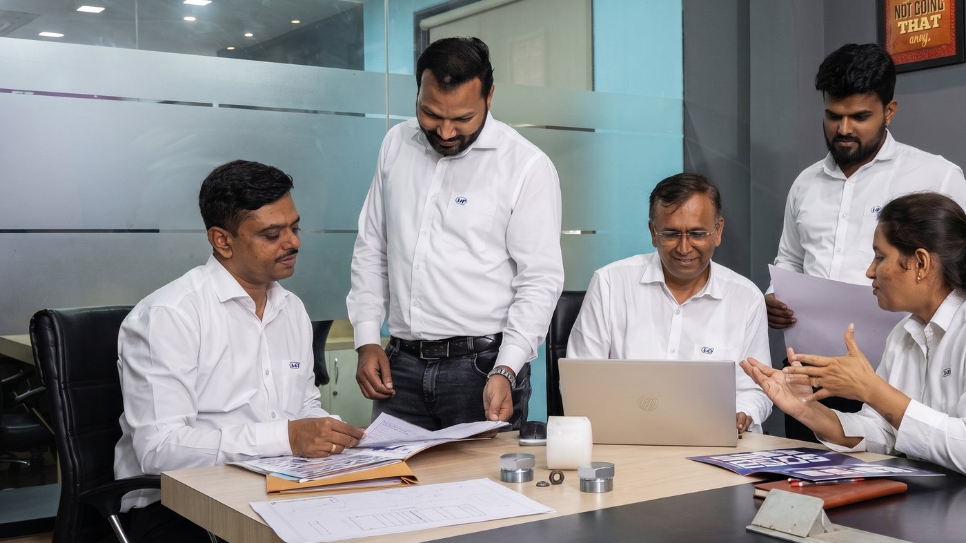 Members of the Kelkar team reviewing drawings together at the office