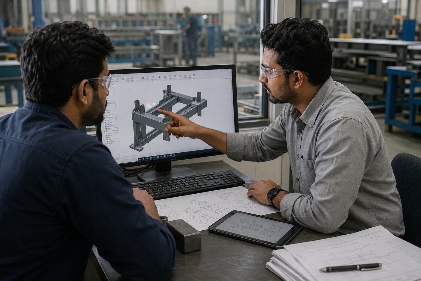 Two engineers at a workstation reviewing a three-dimensional model of a fabricated bracket assembly on screen