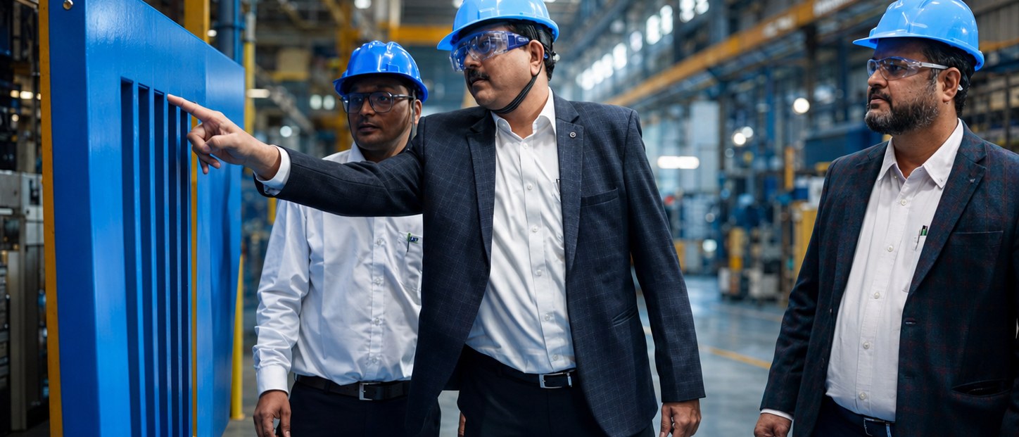 Three Kelkar managers in hard hats and safety glasses examining the louvres on a finished blue enclosure panel in the plant