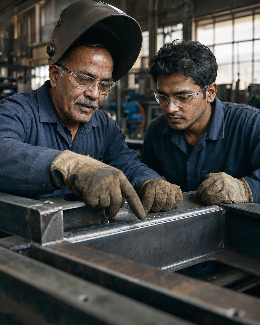 A veteran welder with his helmet raised and a younger colleague reading a finished weld seam together on a heavy fabricated frame