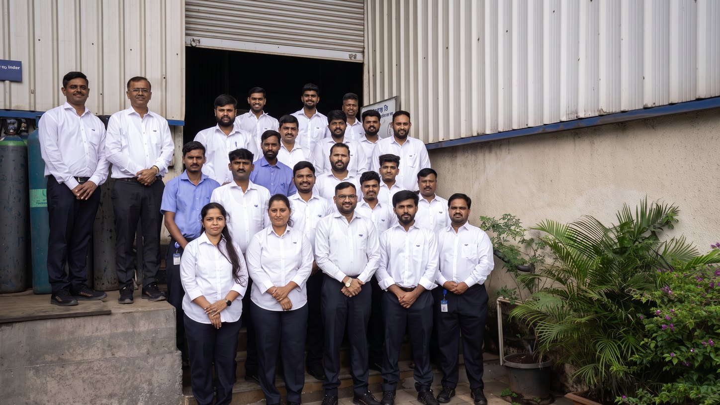 The Kelkar team assembled outside the plant, more than twenty-five people in company shirts