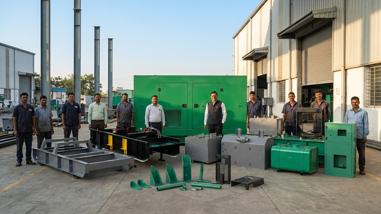Members of the team standing with finished enclosures and fabricated frames in the yard outside the plant