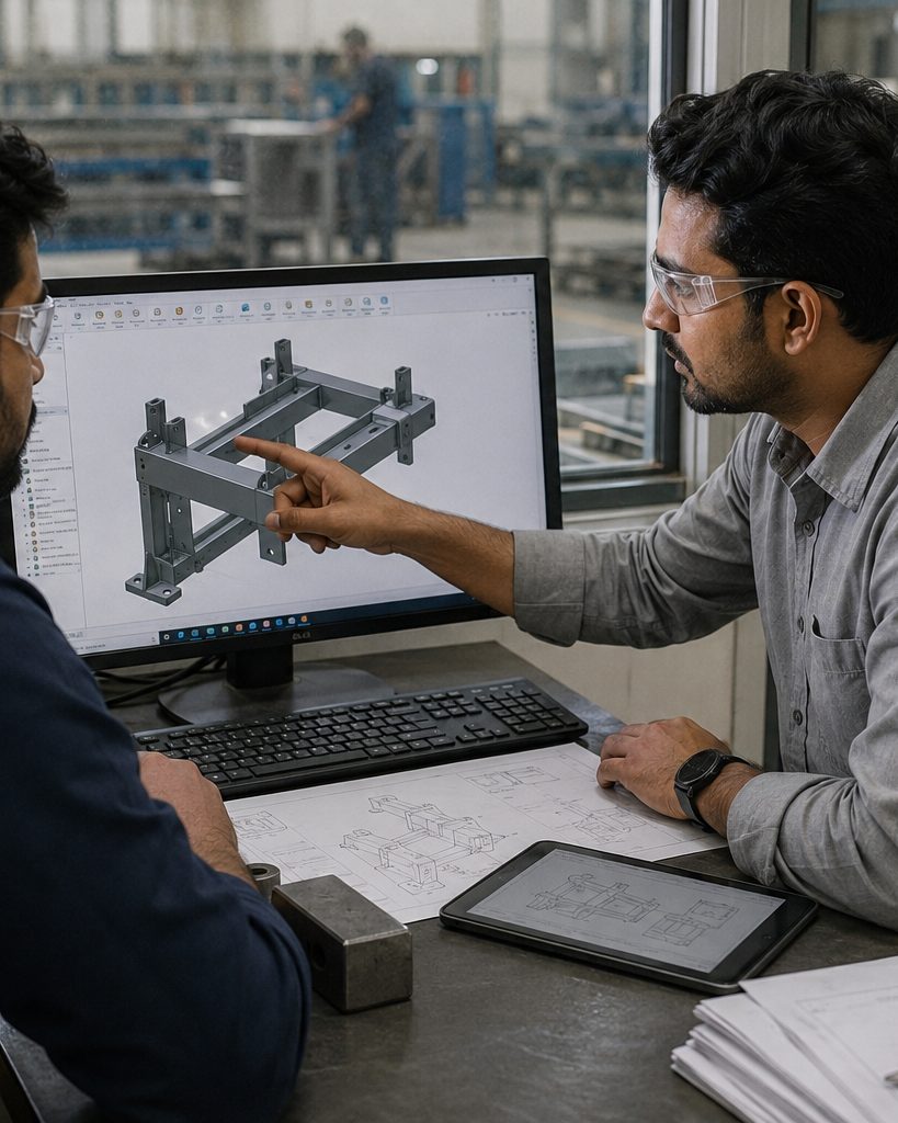 Two Kelkar engineers reviewing a component model on screen in the design office