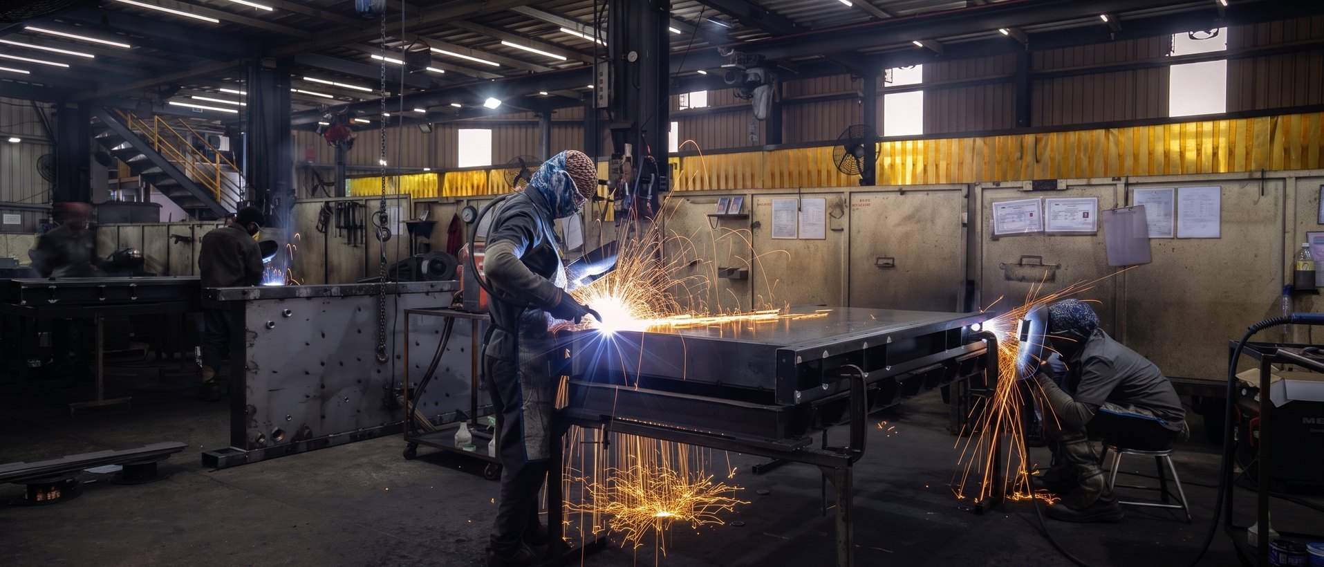 Welders working a large fabricated frame in the Kelkar welding bay, arcs and spark fall across the shop floor