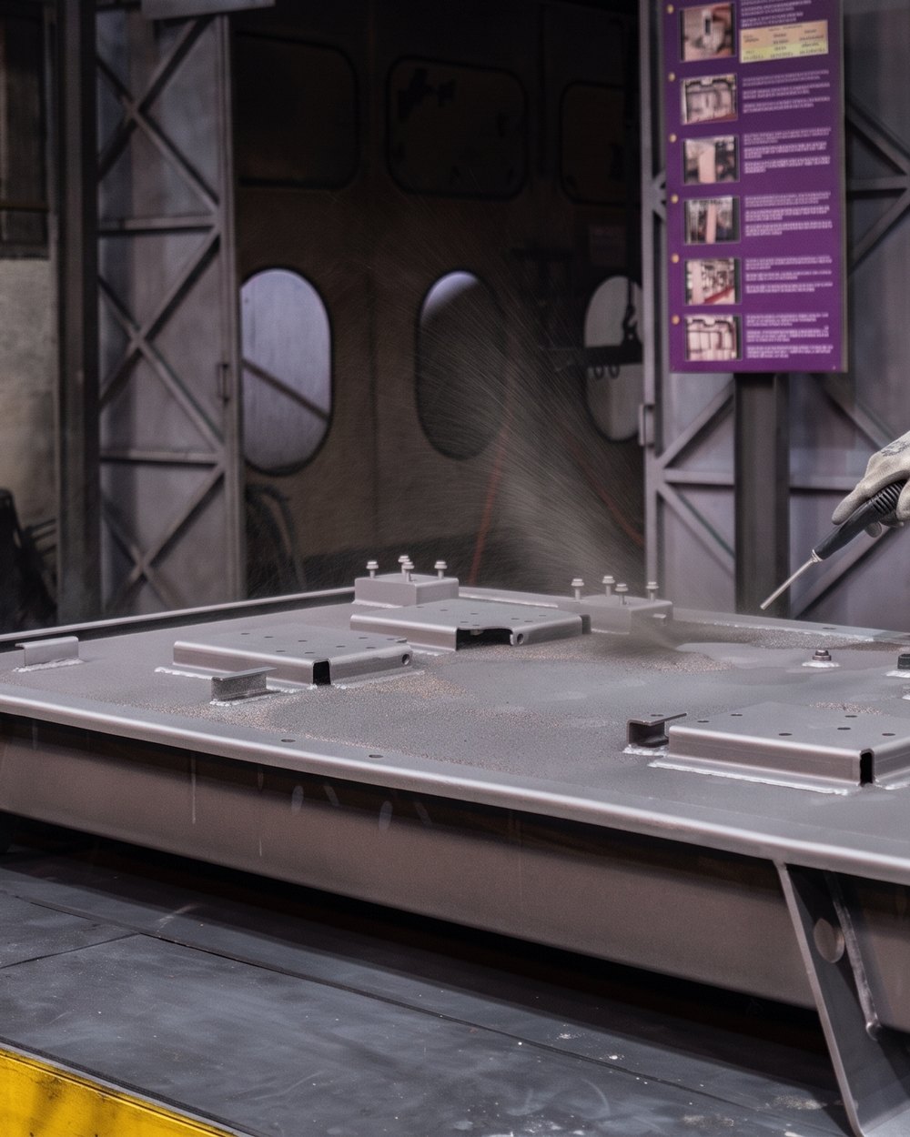 An operator finishing a large fabricated steel panel in the plant