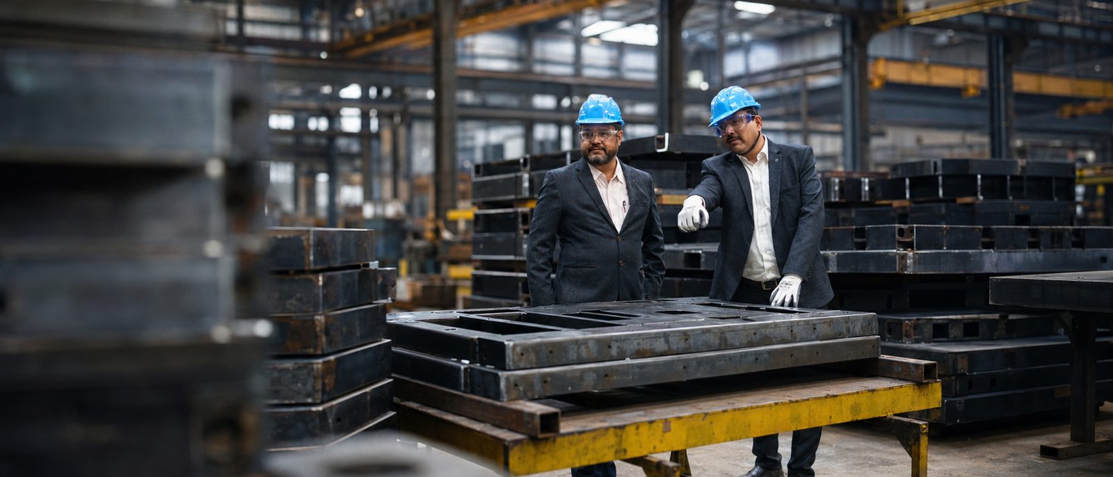Two managers in hard hats reviewing a large fabricated base frame, with rows of finished black weldments stacked behind them on the plant floor