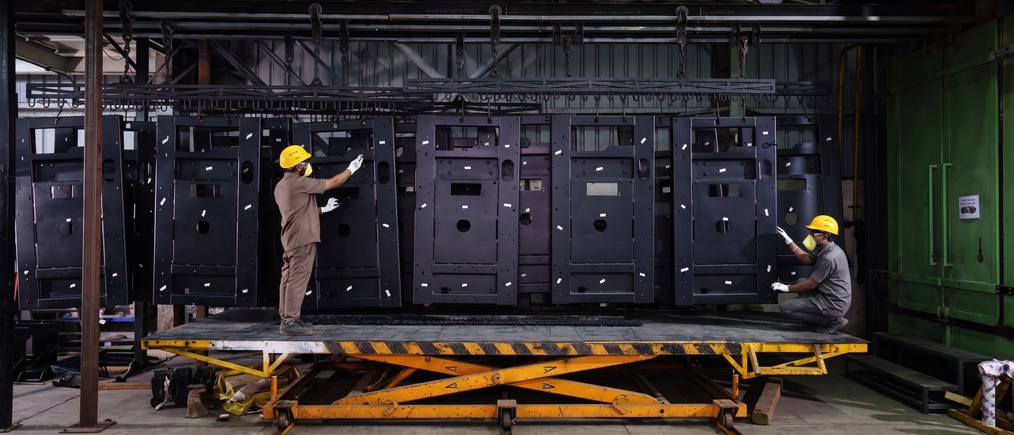 A run of fabricated control-panel enclosures staged on a scissor-lift table with fitters working along it