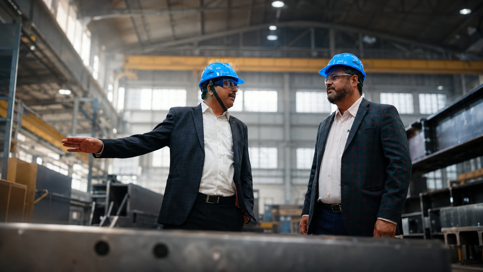 Kelkar's directors in hard hats on the shop floor, talking over a run of fabricated frames