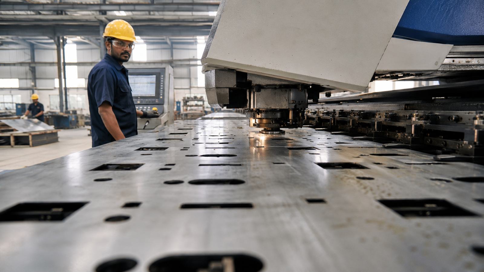 Worker beside a CNC turret punch with a perforated sheet