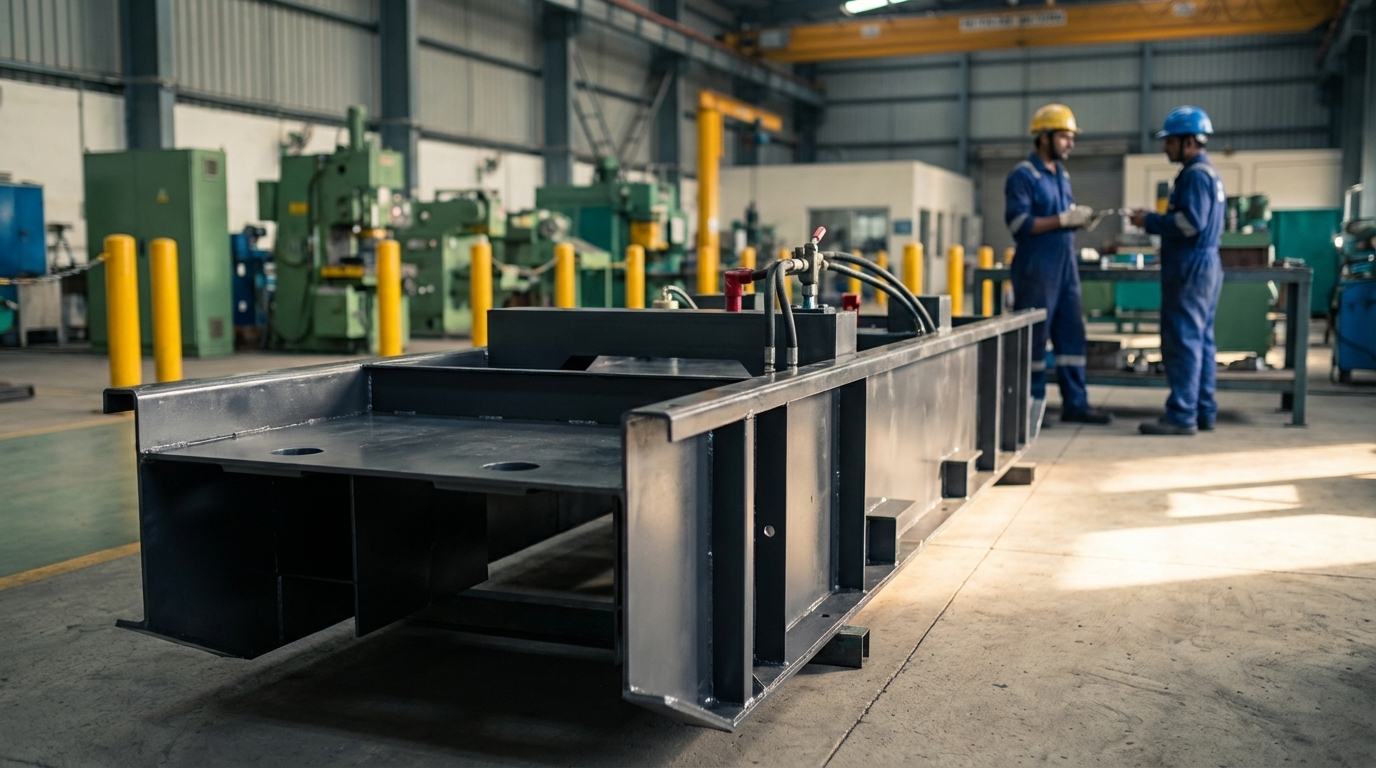 Large fabricated generator chassis structure on the shop floor