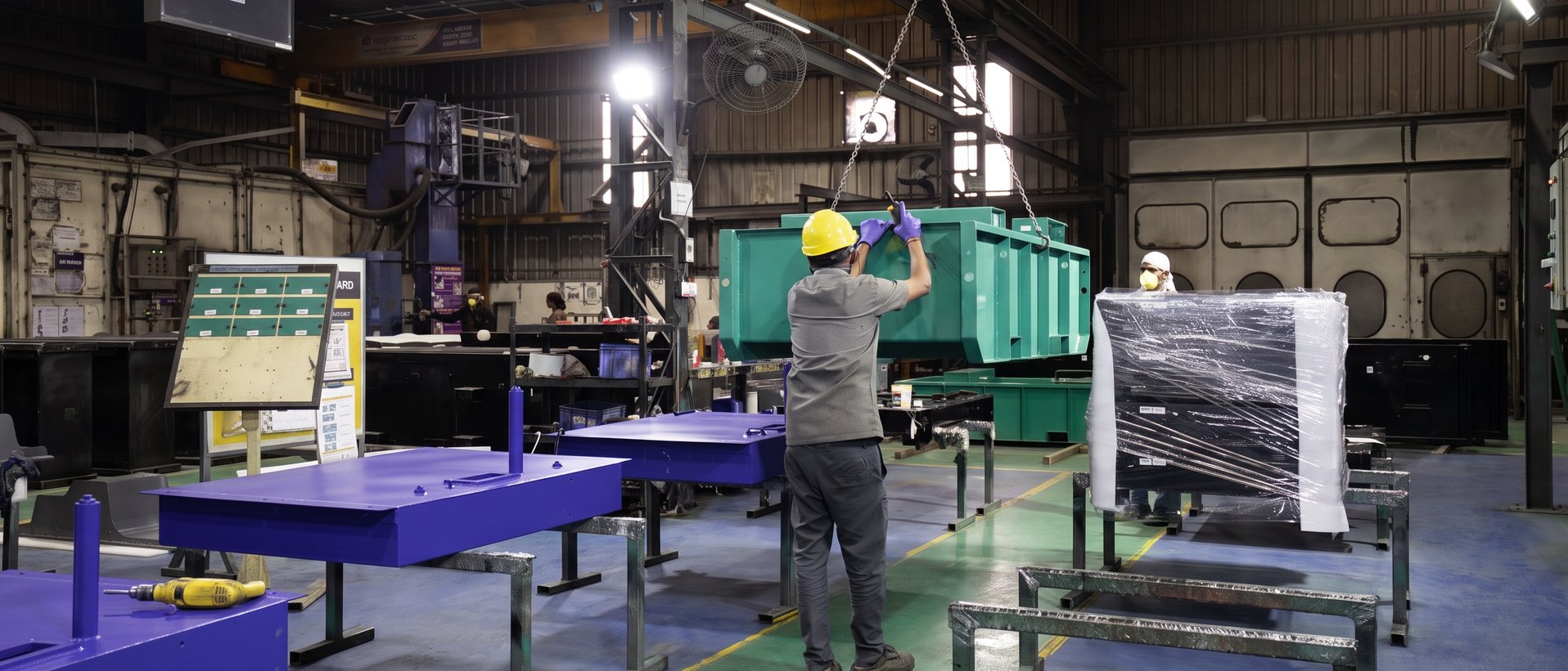 The assembly bay in use, fabricated frames on trestles and an operator working along the line