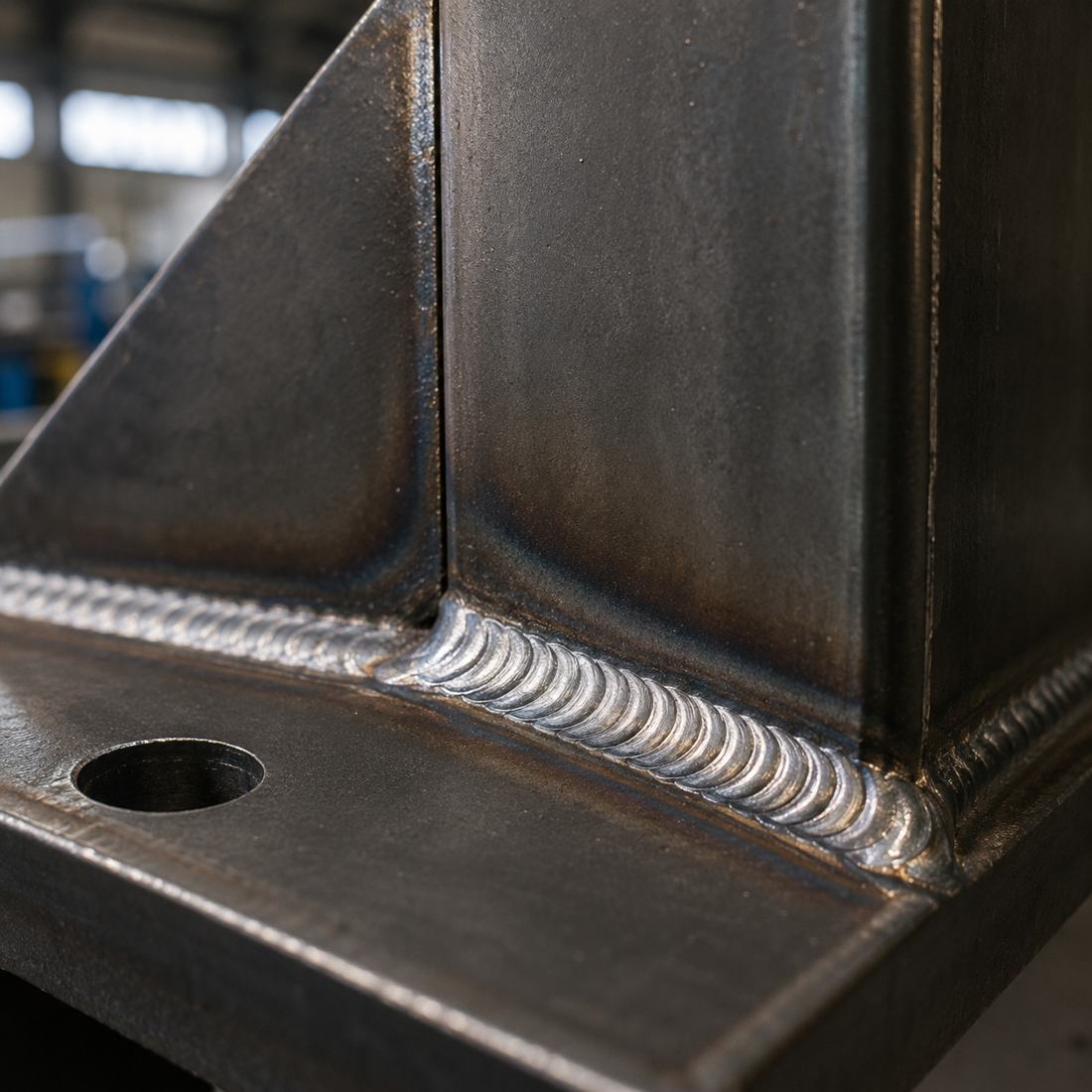 Macro of a clean weld bead on a structural gusset joint