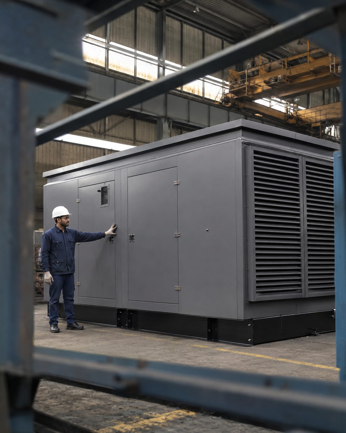 A finished grey acoustic canopy with its louvre bank, an operator at the access door for scale