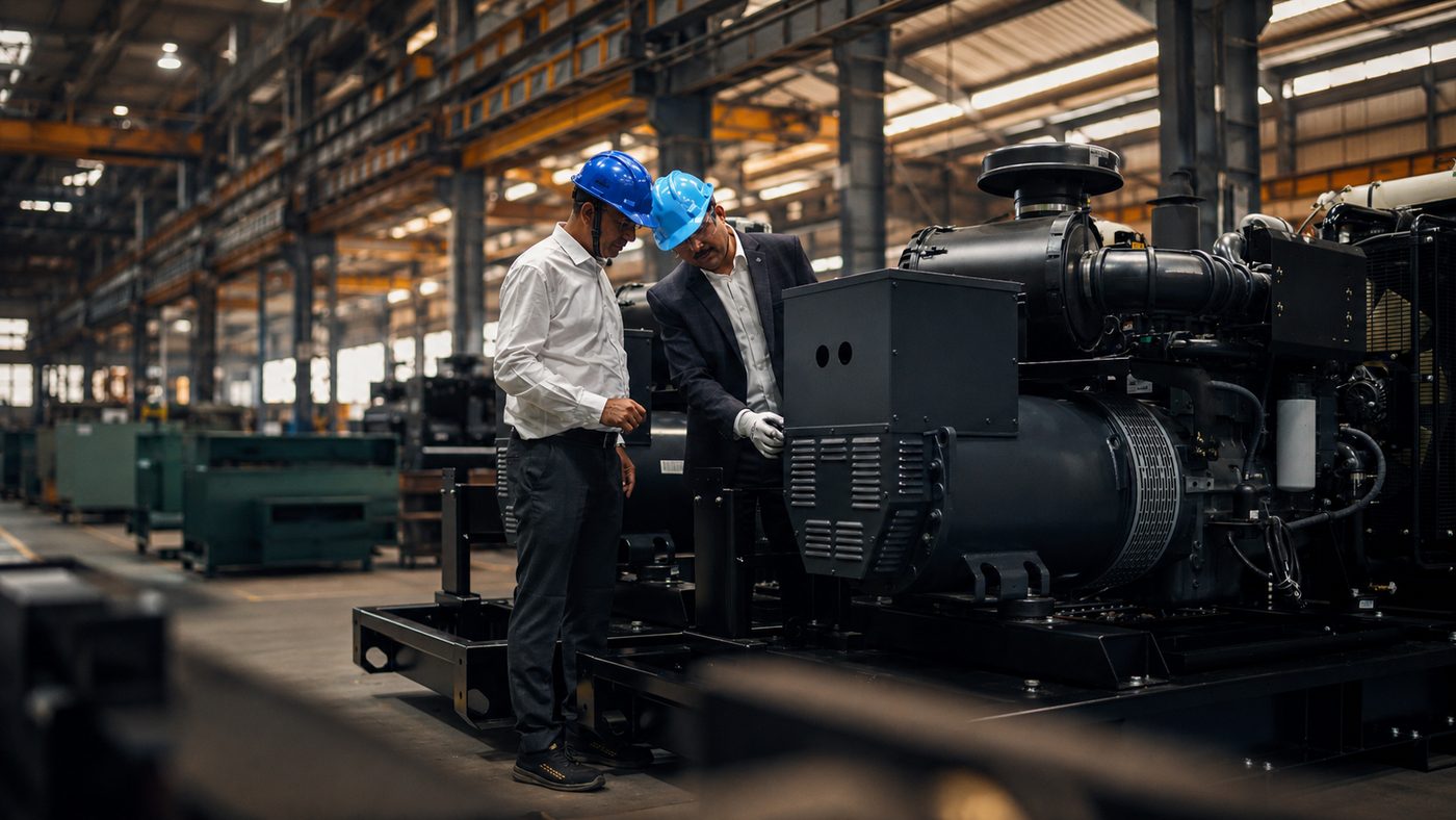 A generator set mounted on its fabricated Kelkar chassis, two engineers inspecting it on the plant floor