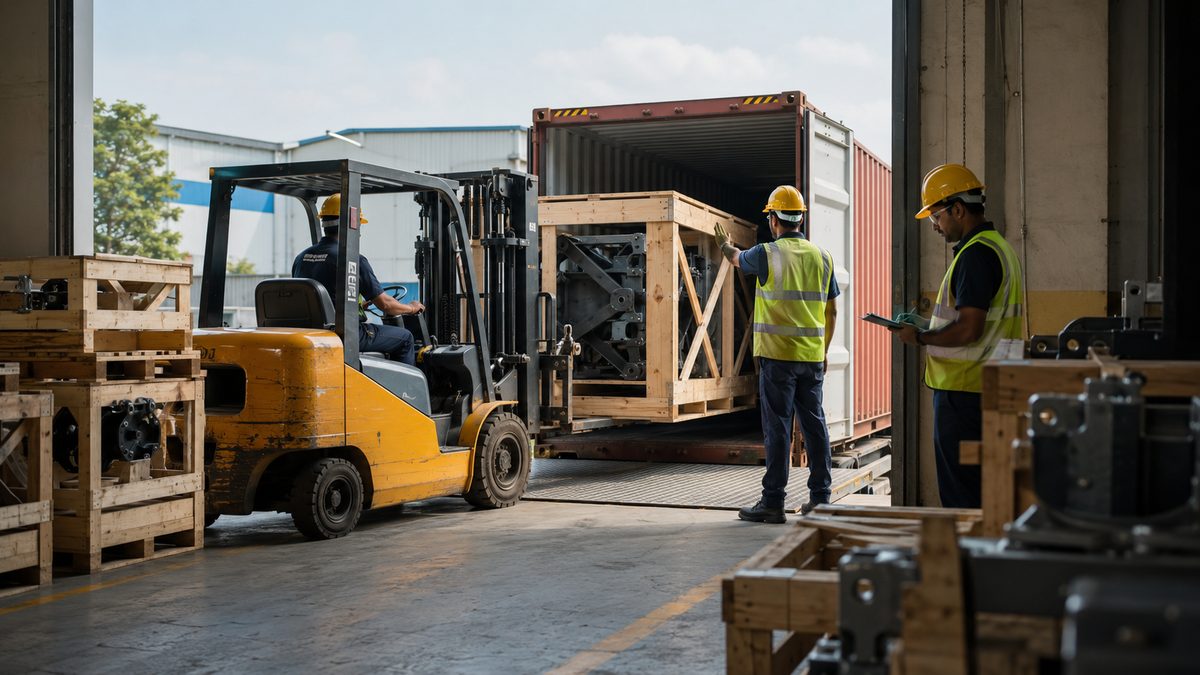 A crated Kelkar assembly being loaded into an export container by forklift
