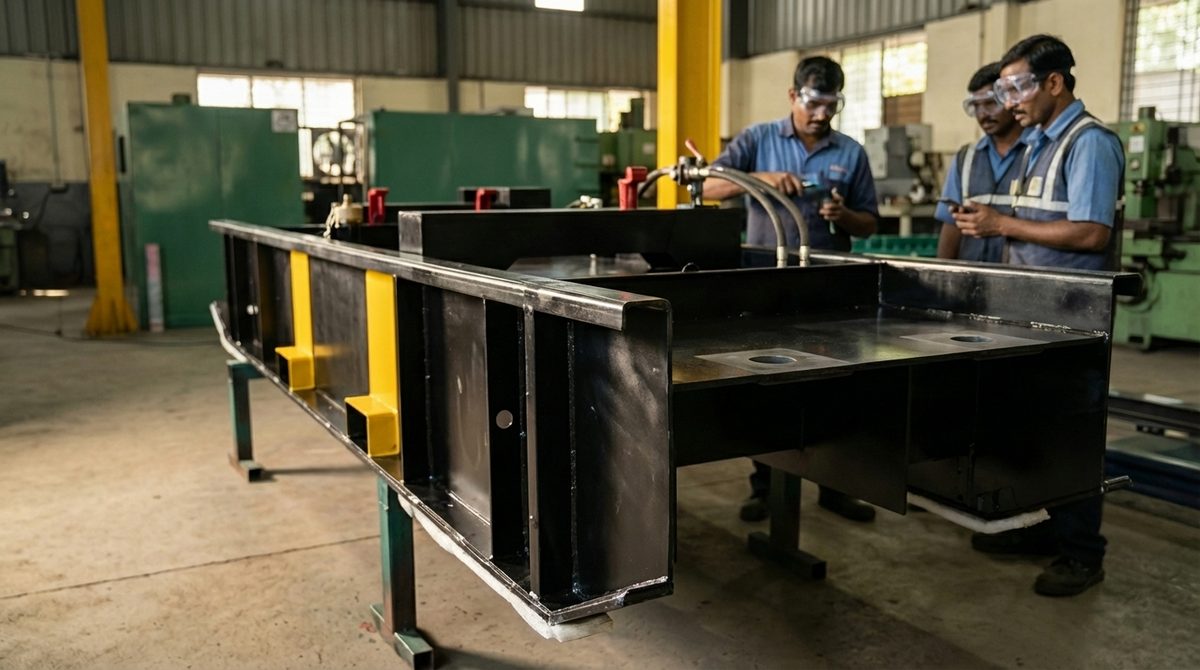 A long fabricated steel frame under assembly, two fitters working along its length