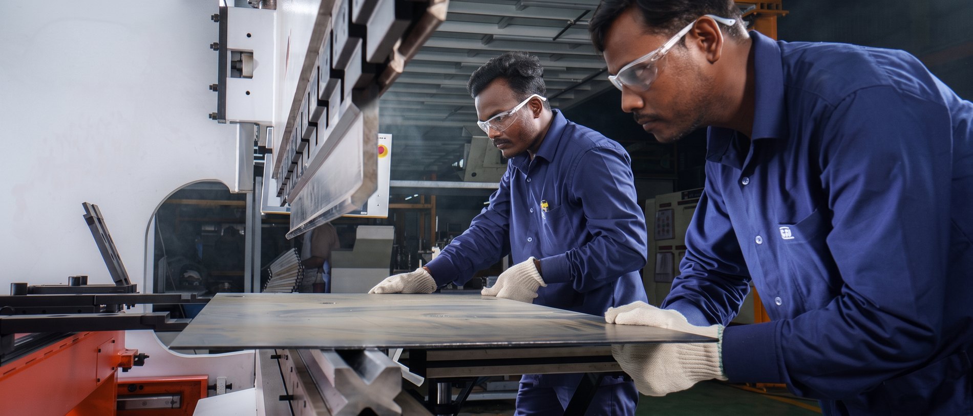 Two operators guiding a formed steel panel through the press brake