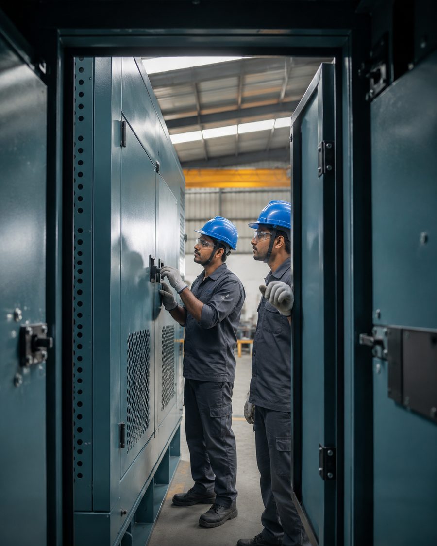 Two Kelkar workers assembling a sheet-metal panel enclosure on the shop floor